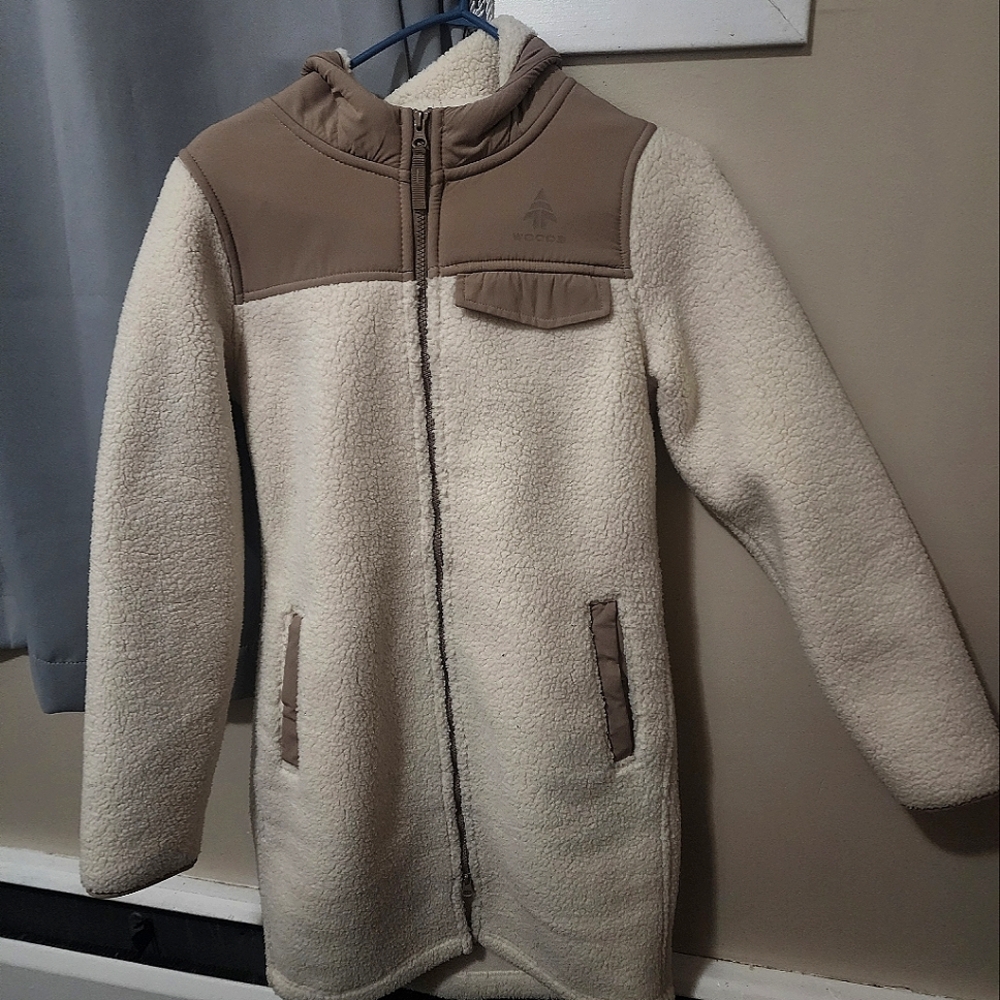 Women's Cream and Tan Hooded Trench fleece